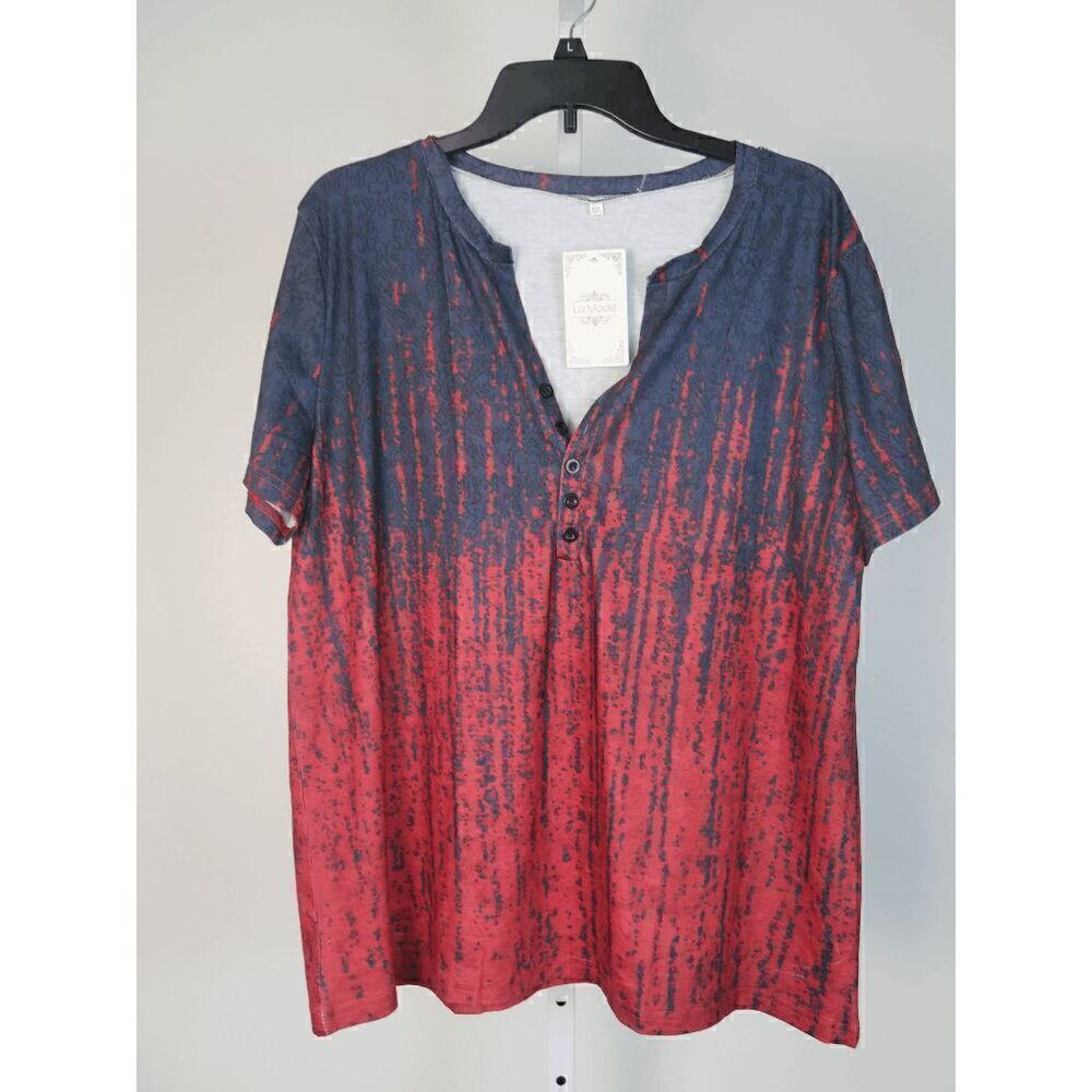Women's Red & Black Abstract Button-Front Notch Neck Top XXL - Picture 2 of 6